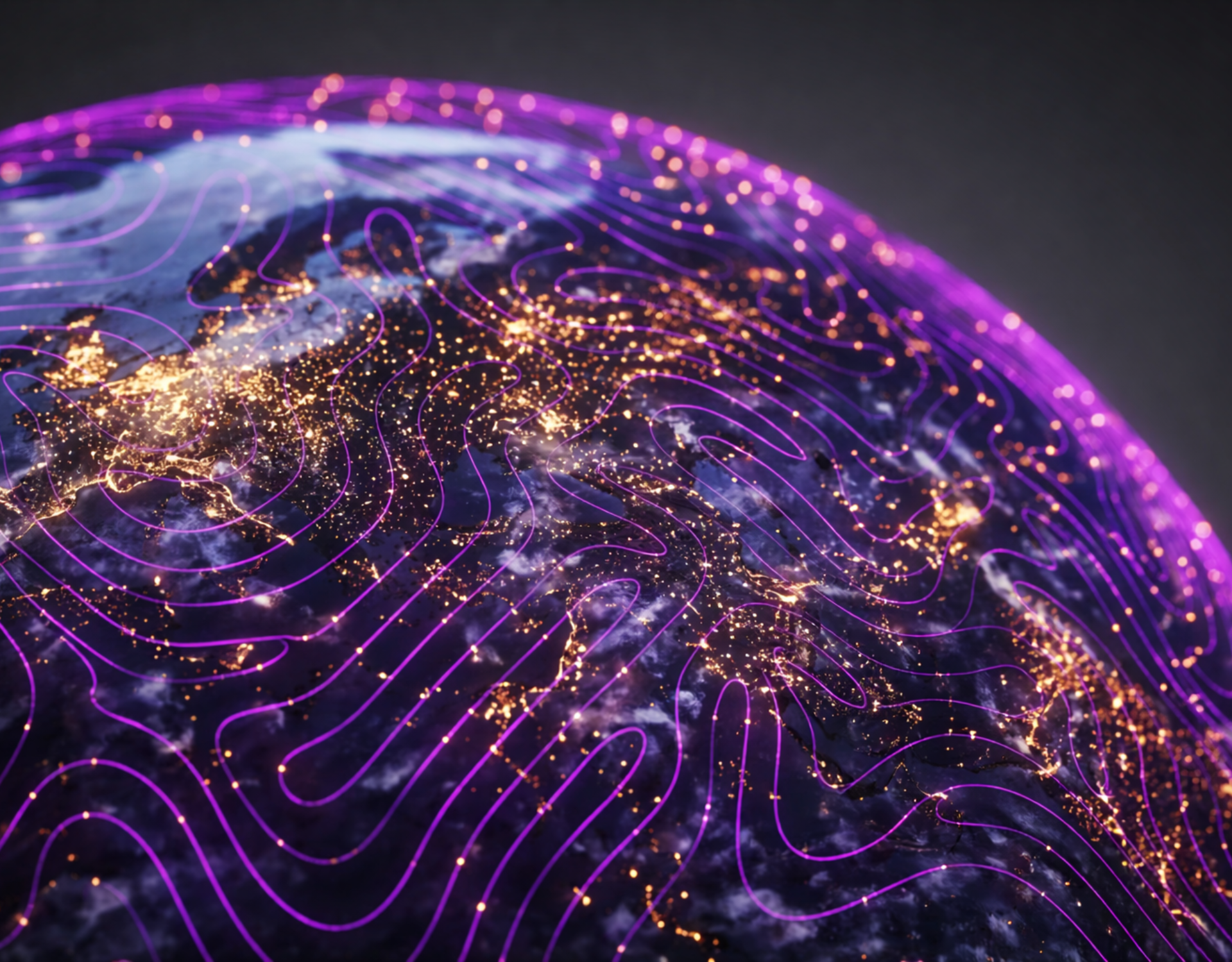 globe lit up with neon pink and yellow lights