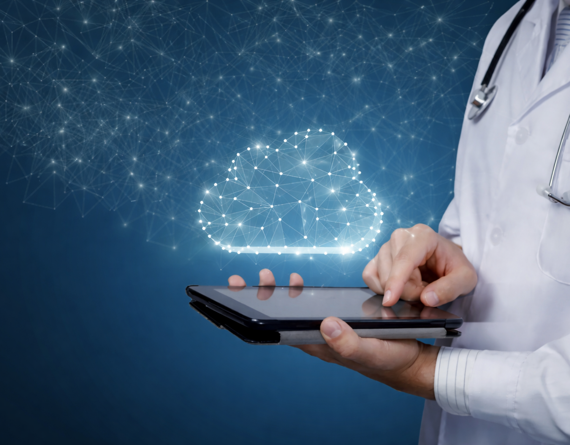doctor using a tablet with an abstract cloud hovering
