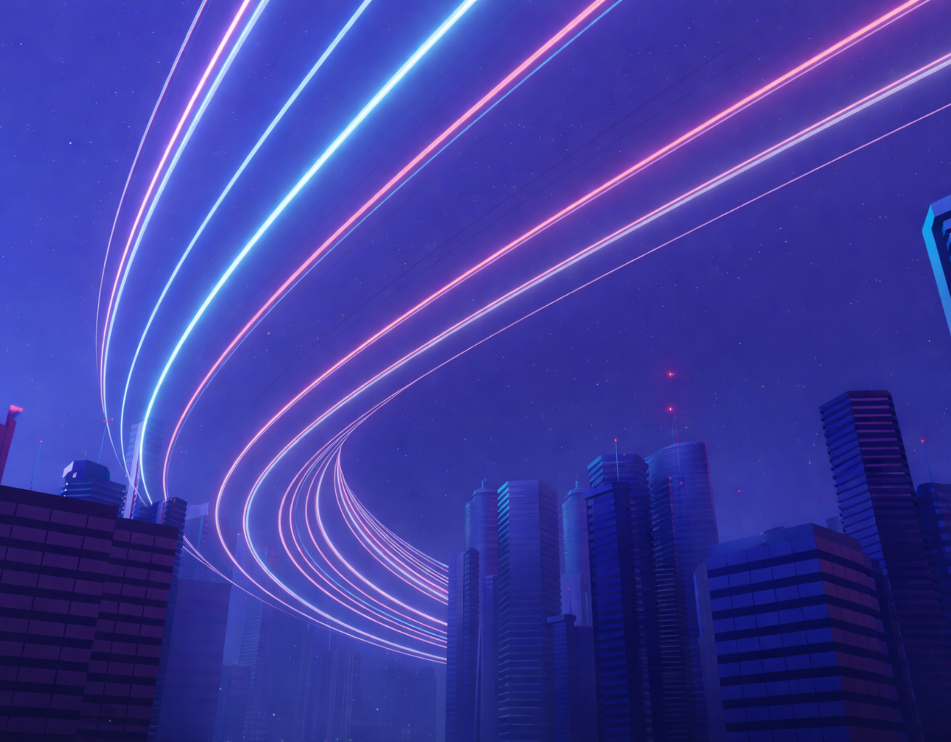 neon lights passing through a cityscape