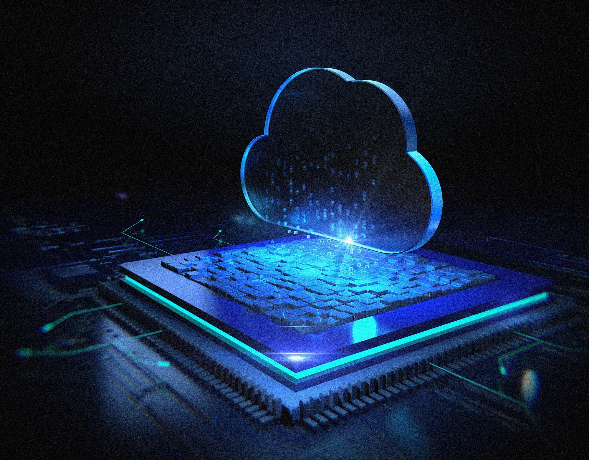 Digital cloud platform connected to a processor chip representing modern cloud infrastructure and scalable systems.