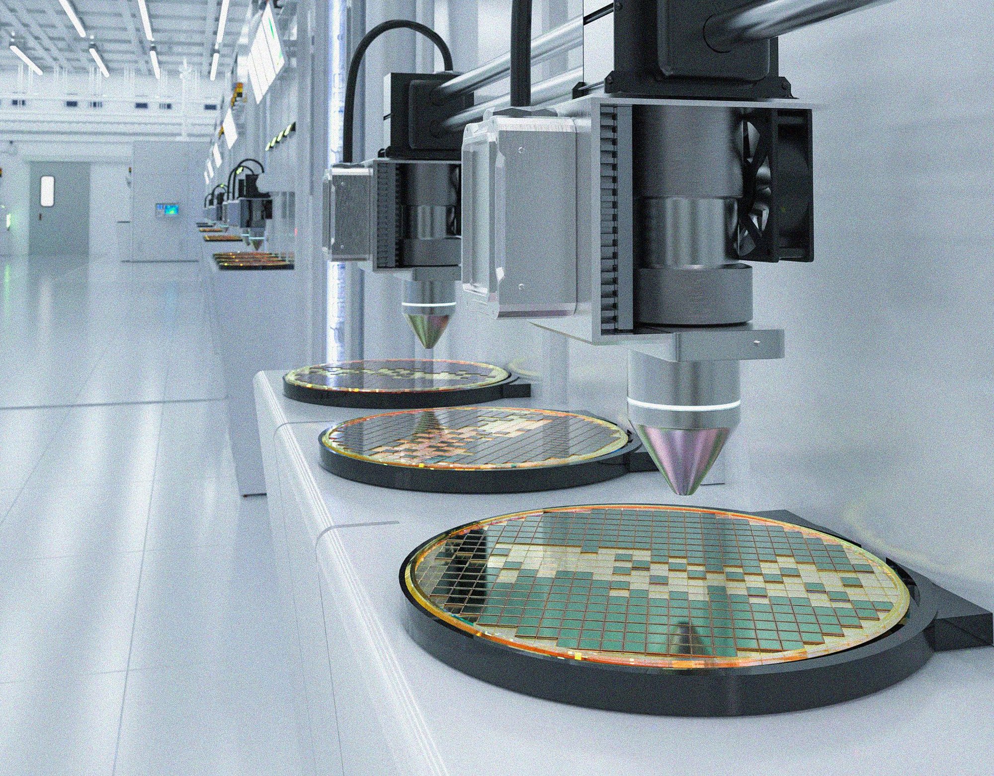 Advanced manufacturing equipment processing semiconductor wafers representing AI-driven data and technology innovation.