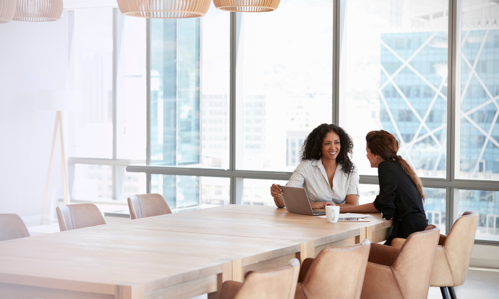 two women professionals collaborating in a boardroom