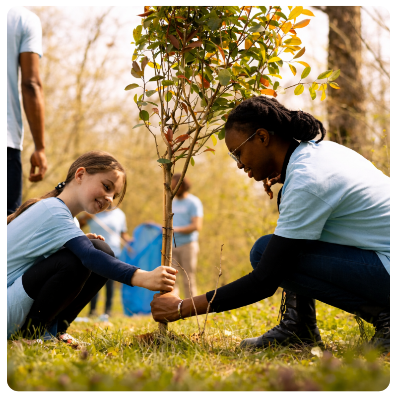 Volunteers planting a young tree together outdoors to support environmental sustainability.
