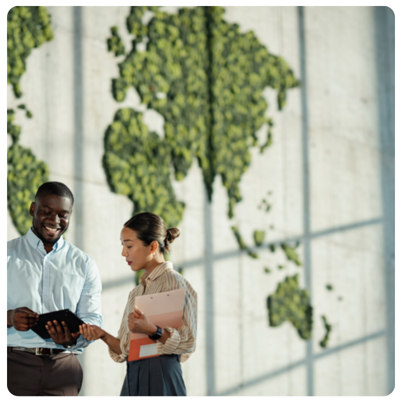 asian female and black male discussing information on a tablet outside