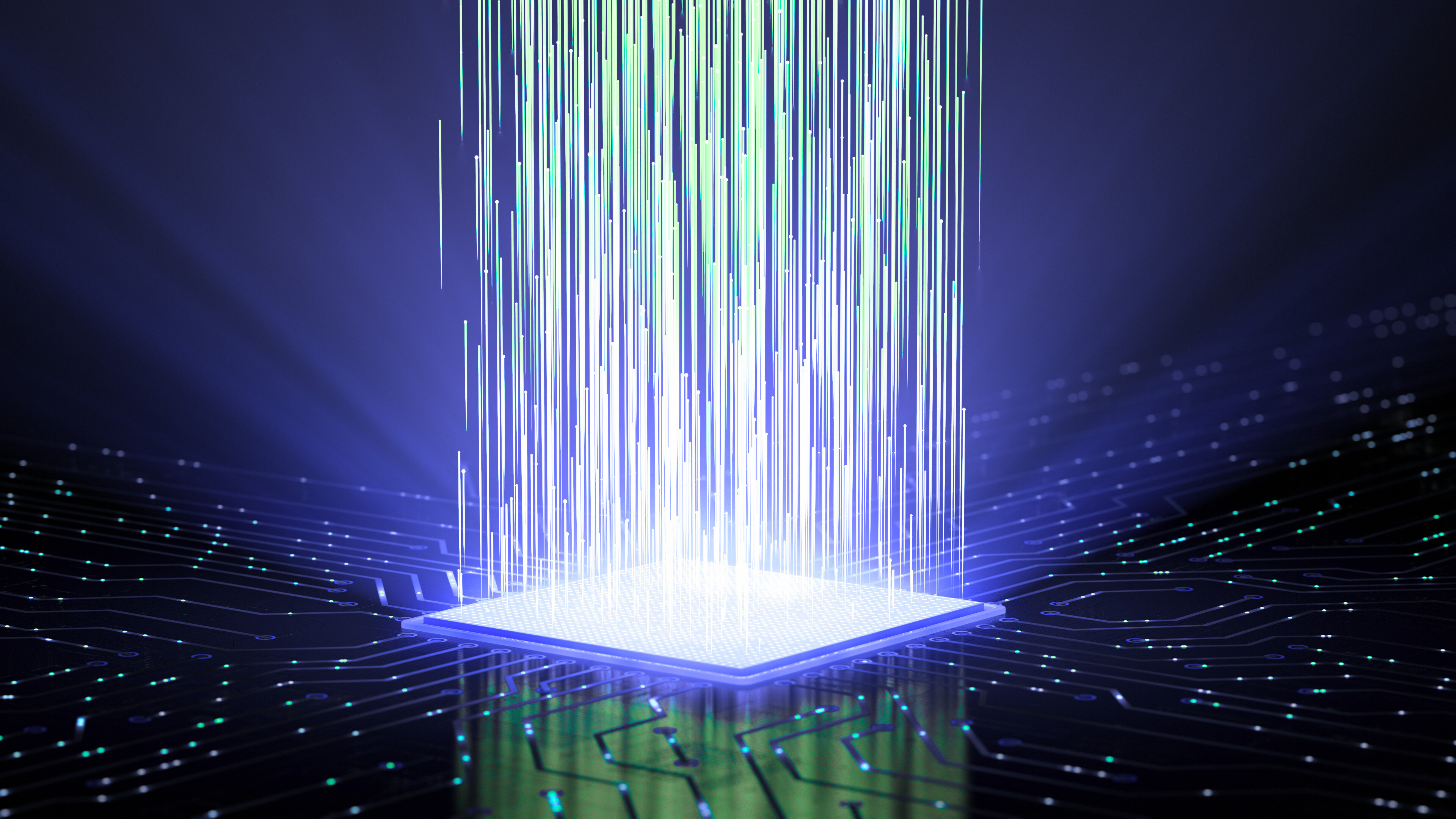 Vertical beams of light rising from a glowing microchip on a dark circuit-board surface, representing data flow, digital processing, or advanced technology.