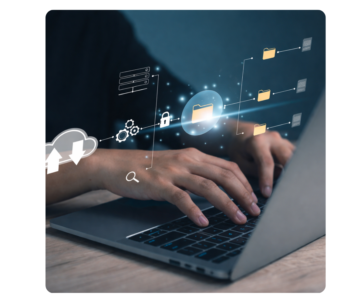 hands typing on a laptop of data folders connecting over the hands