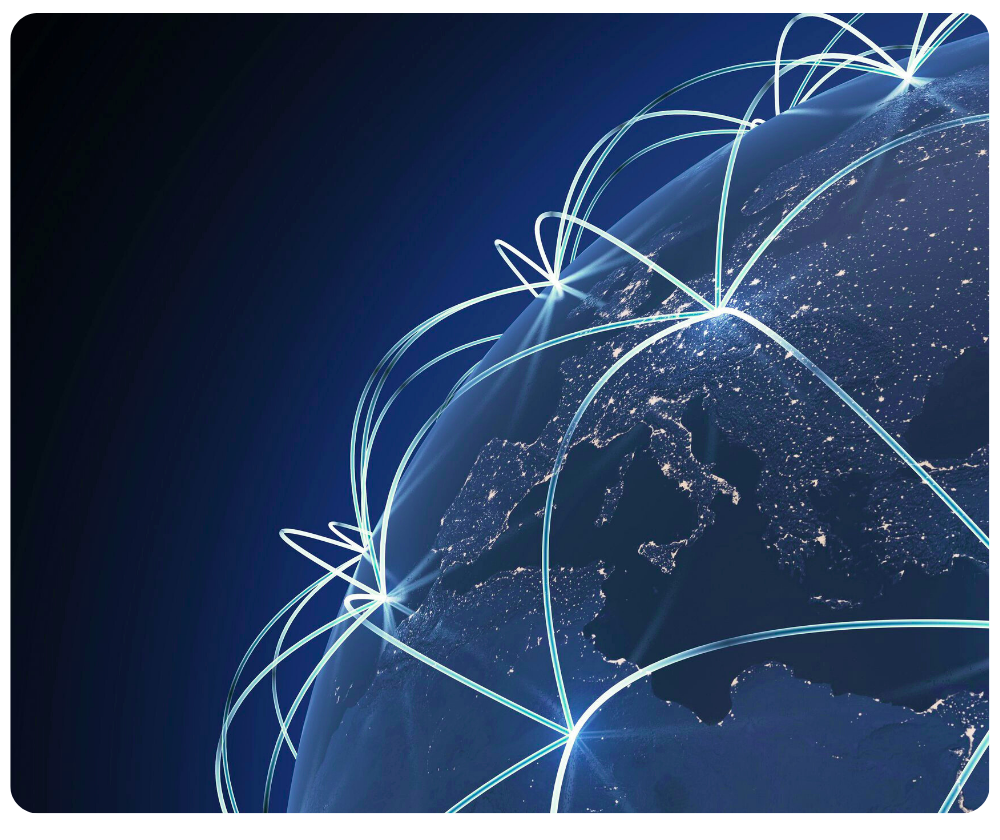 Globe with glowing network lines representing global connectivity and digital infrastructure.
